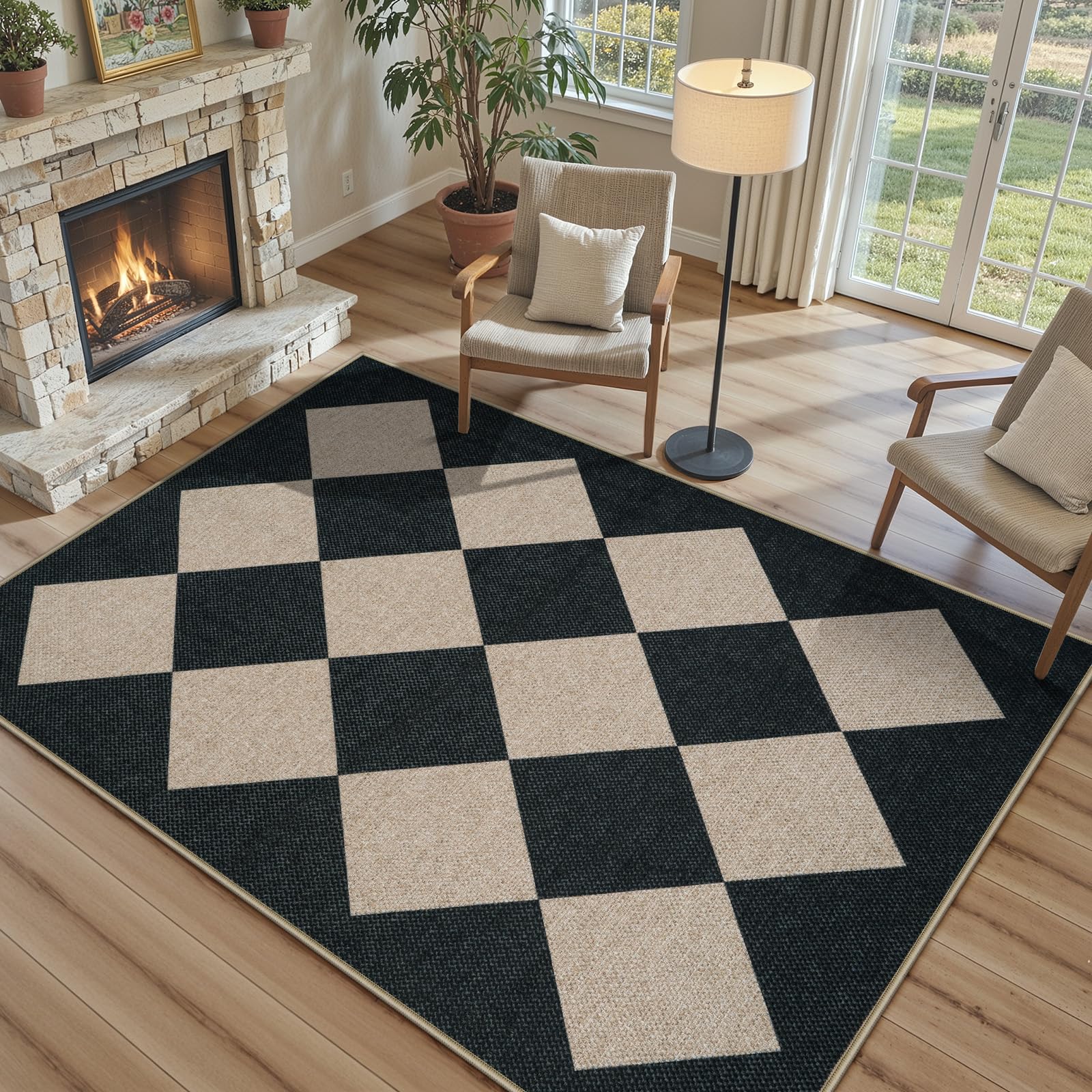 Photo 1 of Collive Checkered Easy Jute Area Rugs for Living Room, 4x6 Modern Washable Kitchen Rugs Geometric Diamond Dining Room Carpets, Non Slip Indoor Outdoor Mats for Classroom Kids Room Dorm RV Entry
