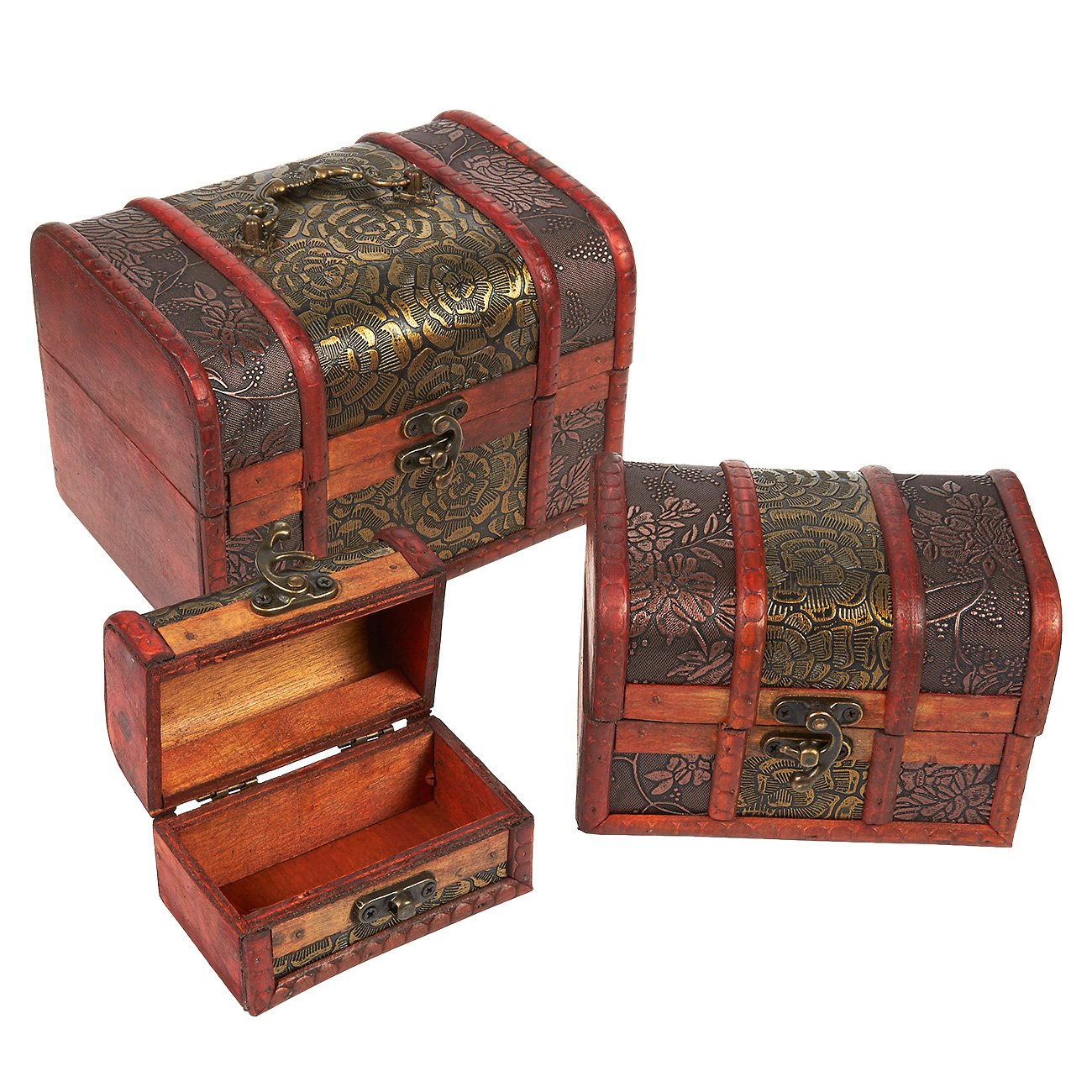 Wooden Treasure Chest Box, Set of 3 Decorative Wood Storage Trunk for ...