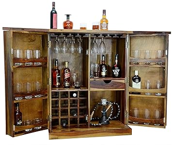 Mahima Handicarft Pre-Assemble Sheesham Wood Stylish Bar Cabinet/Wine Rack/Beer Bar/with Wine Glass Storage- Living Room Furniture(Teak Finish)