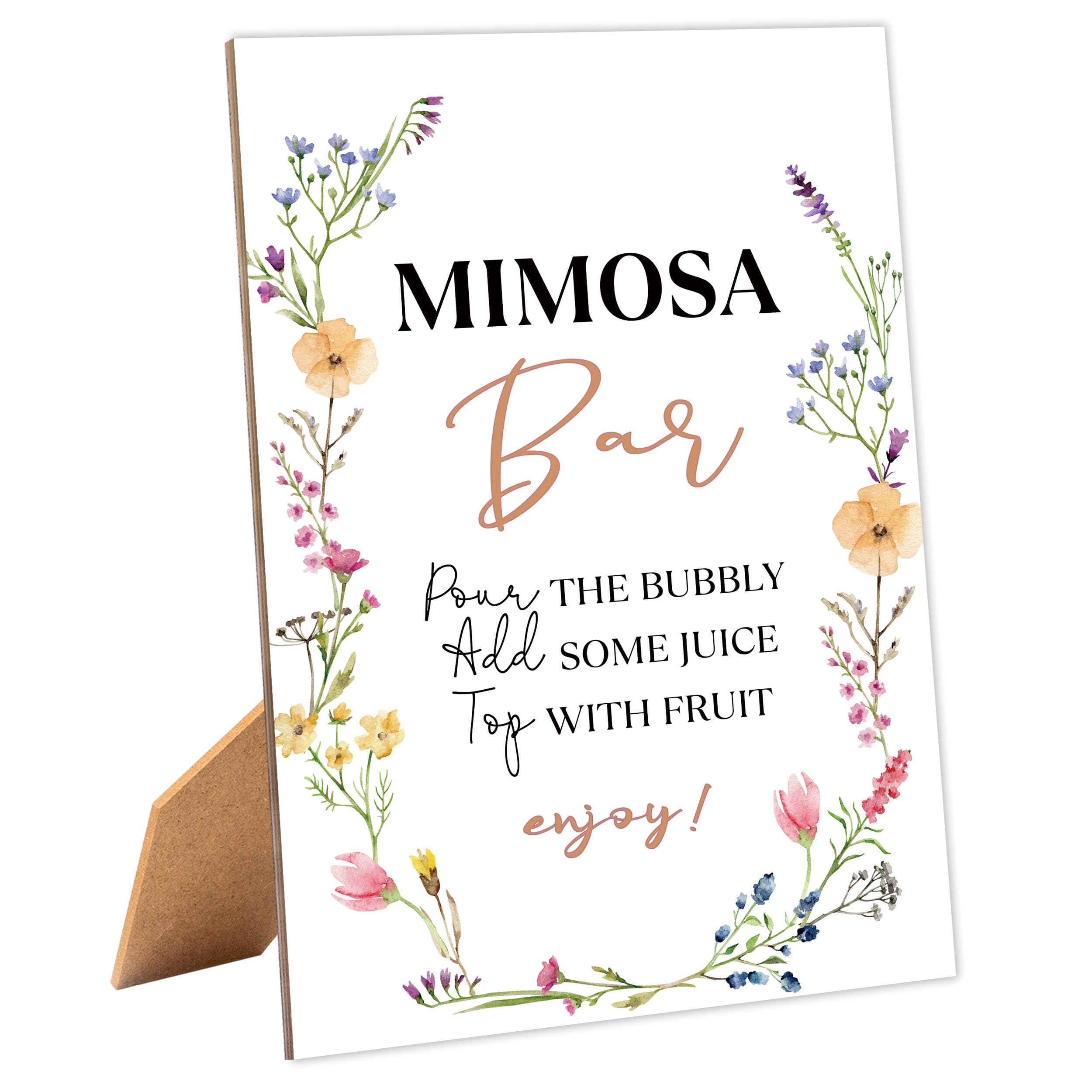 Photo 1 of Boho Wildflowers Bridal Shower Mimosa Bar Sign, Table Decor Bridal Shower Sign, Pack of 1 Wooden Tabletop Sign with Stand, Bridal Shower Decorations, Wedding Shower Supplies - XG04