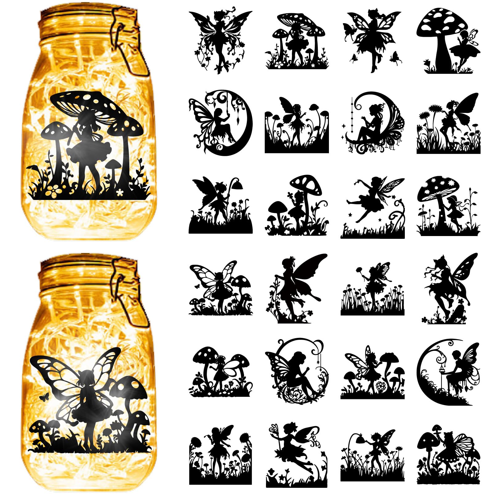 CREATCABIN 24PCS Fairy Silhouettes Stickers Mason Jar Cutouts Decals Butterfly Flower Spirit Scrapbook Waterproof PVC Crafting Decorative Lamp Films for Wall Windows Frosted Glass Jars 3.5x3.9in