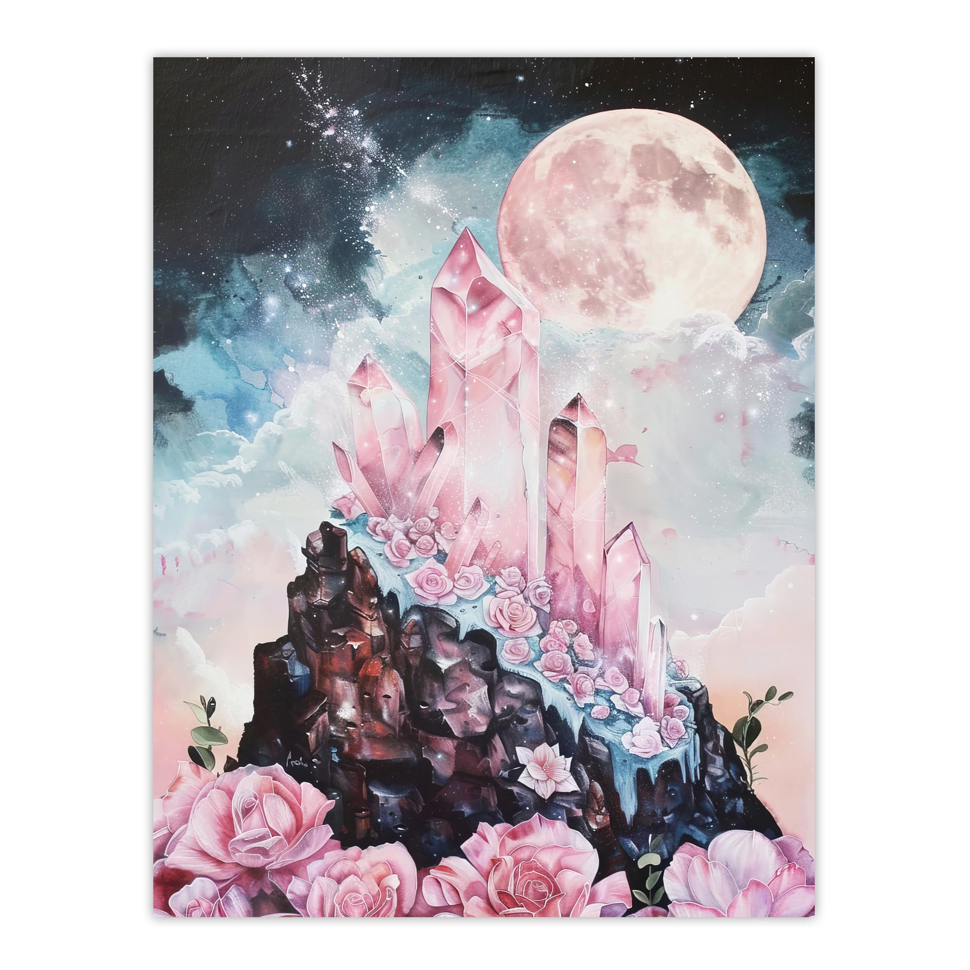 Artery8 Rose Quartz Crystal Full Moon Fantasy Landscape Living Room Extra Large XL Wall Art Poster Print
