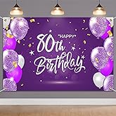 HAMIGAR 6x4ft Happy 80th Birthday Banner Backdrop - 80 Years Old Birthday Decorations Party Supplies for Women - Purple