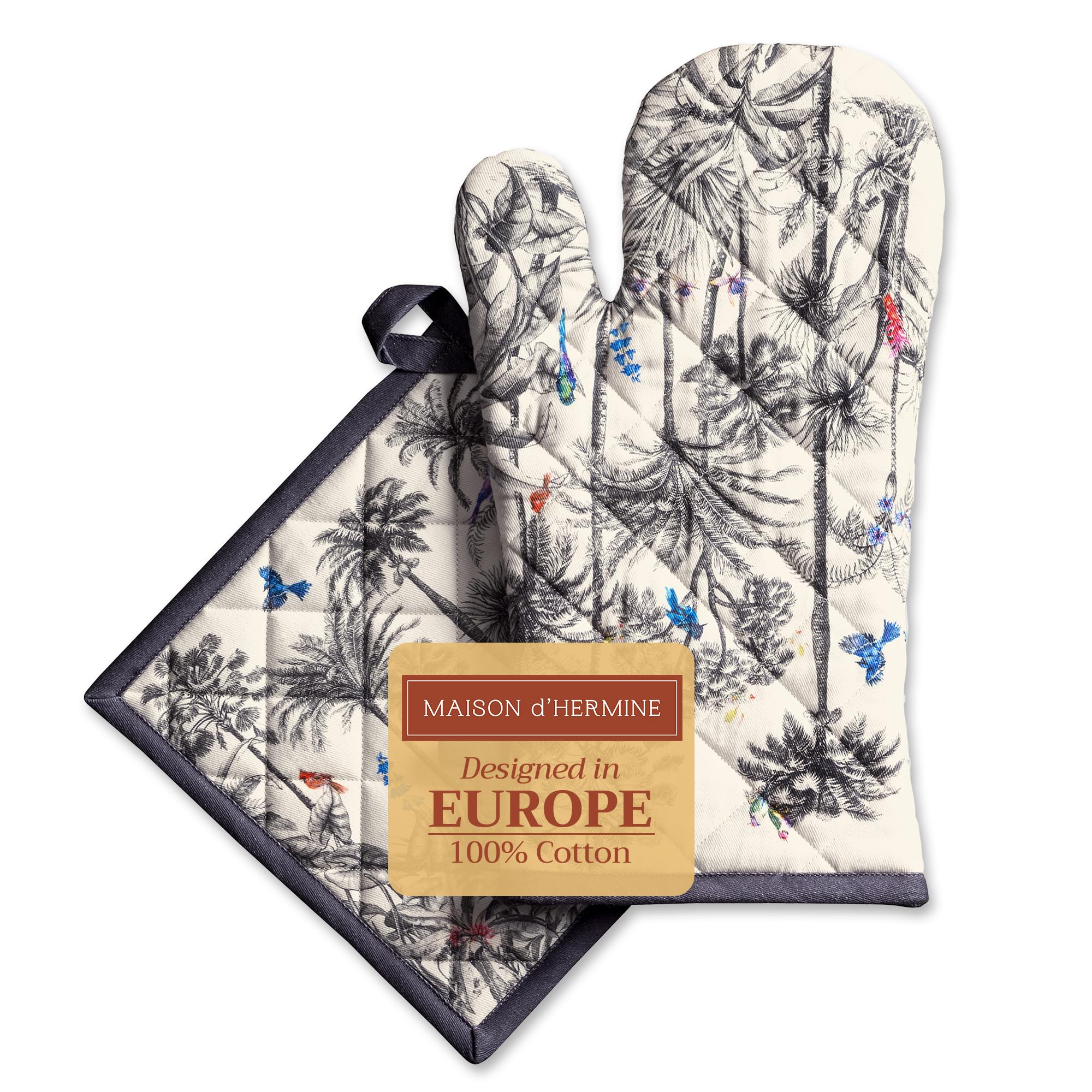 Maison d' Hermine 100% Cotton Oven Mitt & Pot Holder Set (19 x 33 cm & 20 x 20 cm) Heat Resistant BBQ Cooking Gloves with Loop for Christmas Decorations Baking Handling Hot Pans (Amazonia)