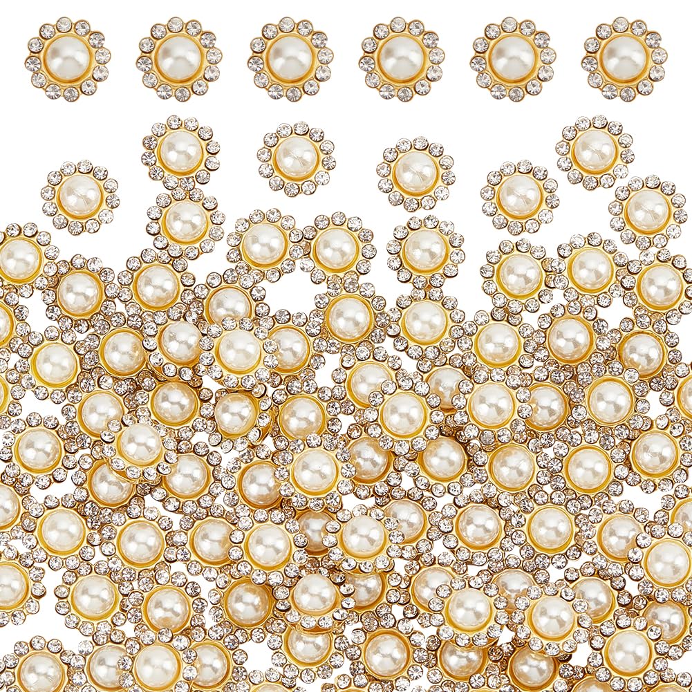 NBEADS 200 Pcs Crystal Pearl Buttons, Flower Claw Cup Rhinestones Gold Flatback Base Shiny Crystals Antique White Flower Faux Pearl Rhinestone Craft Buttons for Jewelry Sewing Supplies