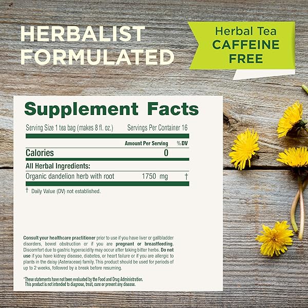 TRADITIONAL MEDICINALS ORGANIC, DANDELION LEAF & ROOT – DANDELION ROOT TEA, SUPPORTS NORMAL DETOX + DIGESTION – KOSHER, NON-GMO, CAFFEINE-FREE, COMPOSTABLE – 16 TEA BAGS