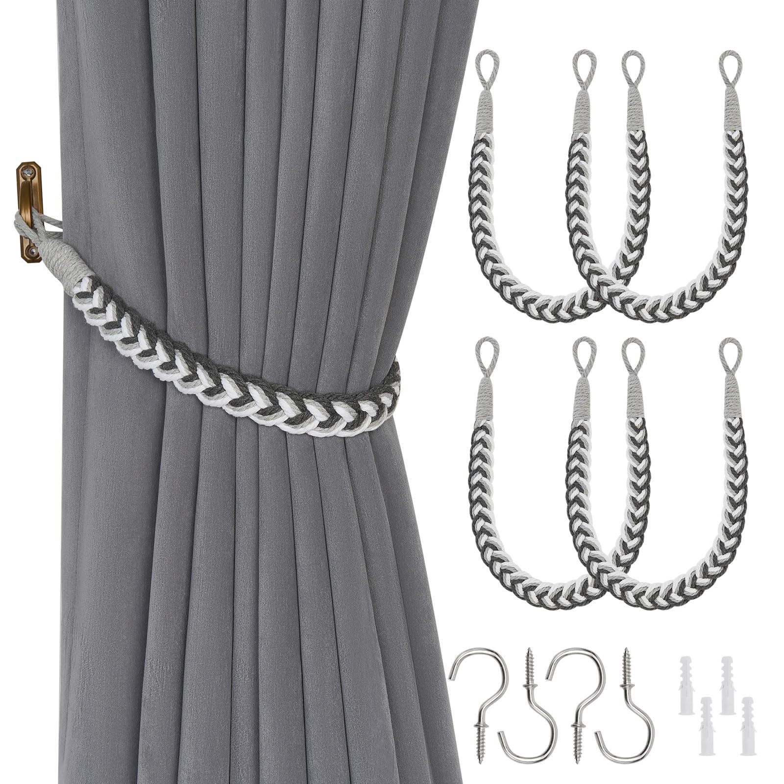 Pretty Jolly 4 Pack Natural Cotton Rope Curtain Tiebacks Elegant Boho Style Decorative Drape Tie Backs Soft Hand-Woven Rope Curtain Holdbacks with Metal Hook for Home Office Drapery (Grey & White)
