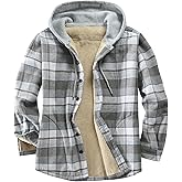 Derbars Men's Cotton Plaid Shirts Jacket Fleece Lined Flannel Shirts Sherpa Button Down Jackets with Hood for Men