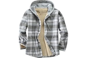 Derbars Men's Cotton Plaid Shirts Jacket Fleece Lined Flannel Shirts Sherpa Button Down Jackets with Hood for Men