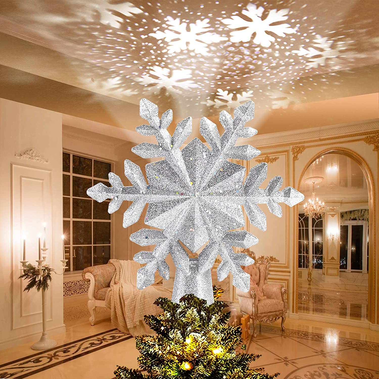 Avoalre Christmas Tree Topper Projector Light Star for Christmas Decoration Snowflake with Rotating LED Adjustable Light Silver Xmas Tree Topper Gift Bedroom Decor