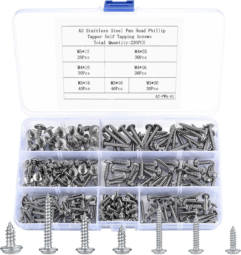 HAOCHEN 220 Pcs Self Tapping Screws Set M3/M4/M5 Stainless 304 with Washers