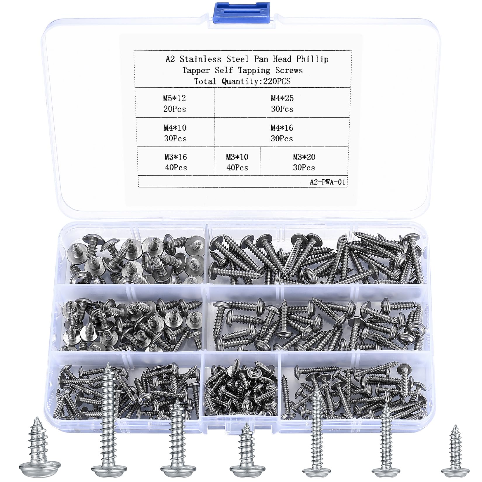 220 Pcs Self Tapping Screws, Cross Pan Flanged Head Wood Screws with Washers, 304 Stainless Steel Self Drilling Fasteners Bolts Assortment Kit for Repairment, Woodwork - M3/M4/M5