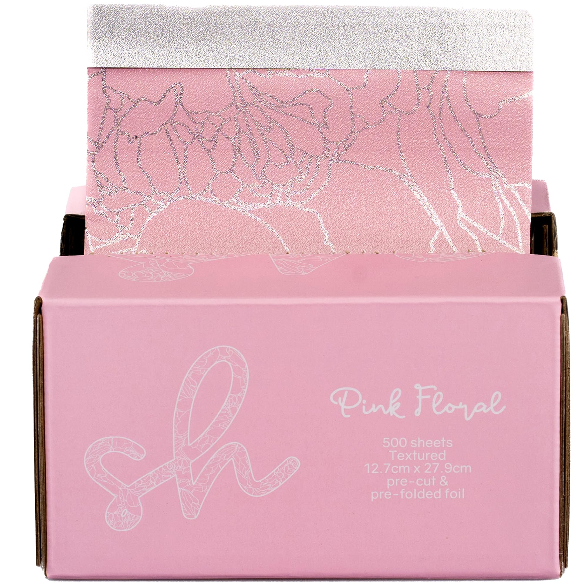 Simply Hair Pop-Up Hair Foil - 500 Pre-Cut & Folded Sheets for Hair Dye, Highlights & Balayage - Embossed, No-Slip Grip - Pop-Up Dispenser - 12.7x27.9cm - Pink Floral