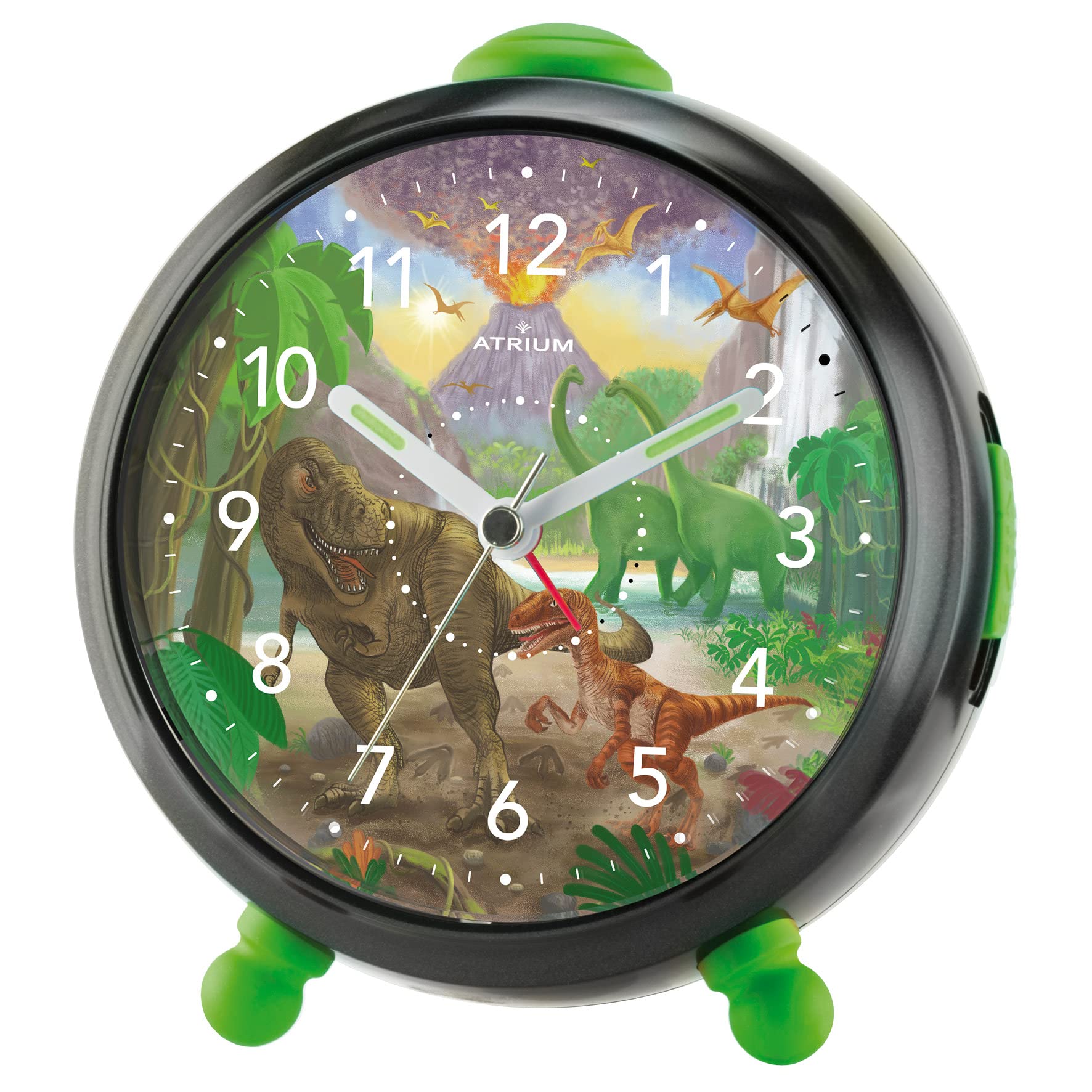 Atrium Children's Alarm Clock Boys T-Rex Time Dinosaur Black Green Analogue Quartz No Ticking with Light and Snooze A932-4