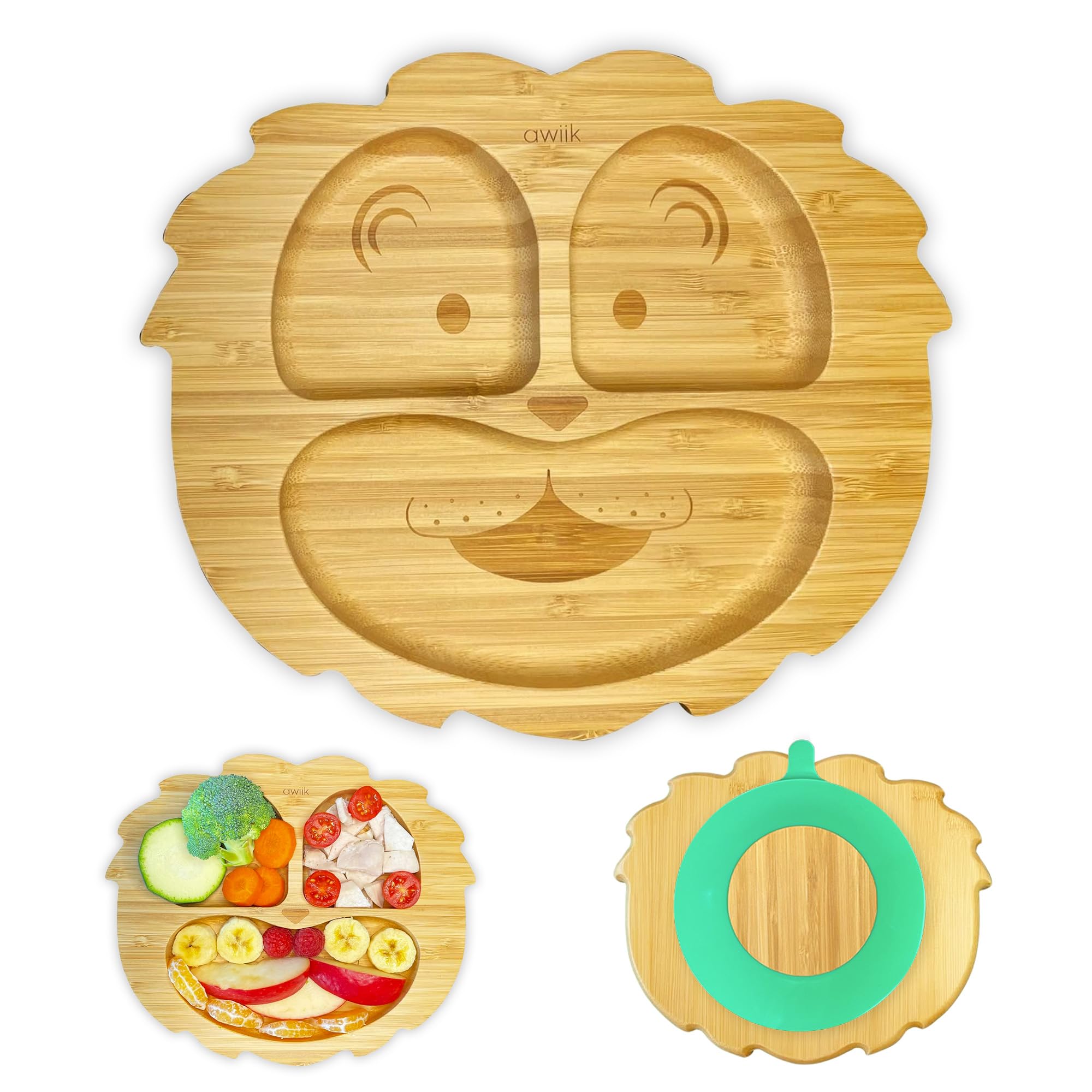 AWIIK - Bamboo Dish with Strong Suction Cup for Babies and Toddlers - BLW Bamboo Non-Slip Suction Plate - BLW Anti-tip Toddler Plate for Learning to Eat (LION)