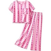 Petite&Me Silk Girls Pajamas Kids/Teens 2 Pieces Lounge Sets Short Sleeve Top & Wide-Leg Pants Soft Pjs Loungewear