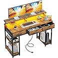 AODK 48 inch Computer Desk with 3 Drawers, Gaming Desk with LED Lights & Power Outlets, Home Office Desk with Storage Shelves & Monitor Stand, Modern Work Study Writing Table for Small Spaces, Vintage