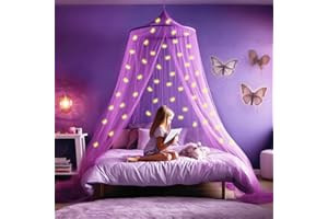 UB-STORE Purple Canopy for Girls Bed with Pre-Glued Glow in The Dark Unicorns - Princess Mosquito Net Room Decor - Kids & Baby Bedroom Tent with Galaxy Lights - 1 Opening Canopy Bed & Hanging Kit Included