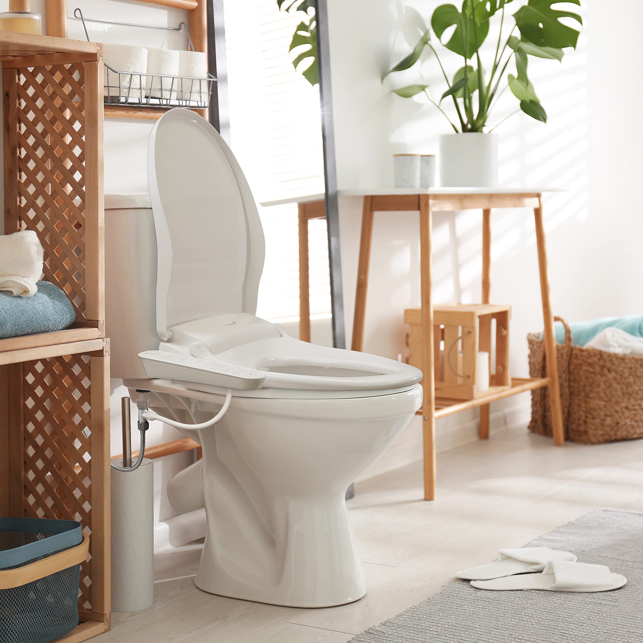 SmartBidet SB-100C Electric Bidet Seat for Elongated Toilets with Control Panel, Massage Wash, Child Wash, Heated Water and Seat