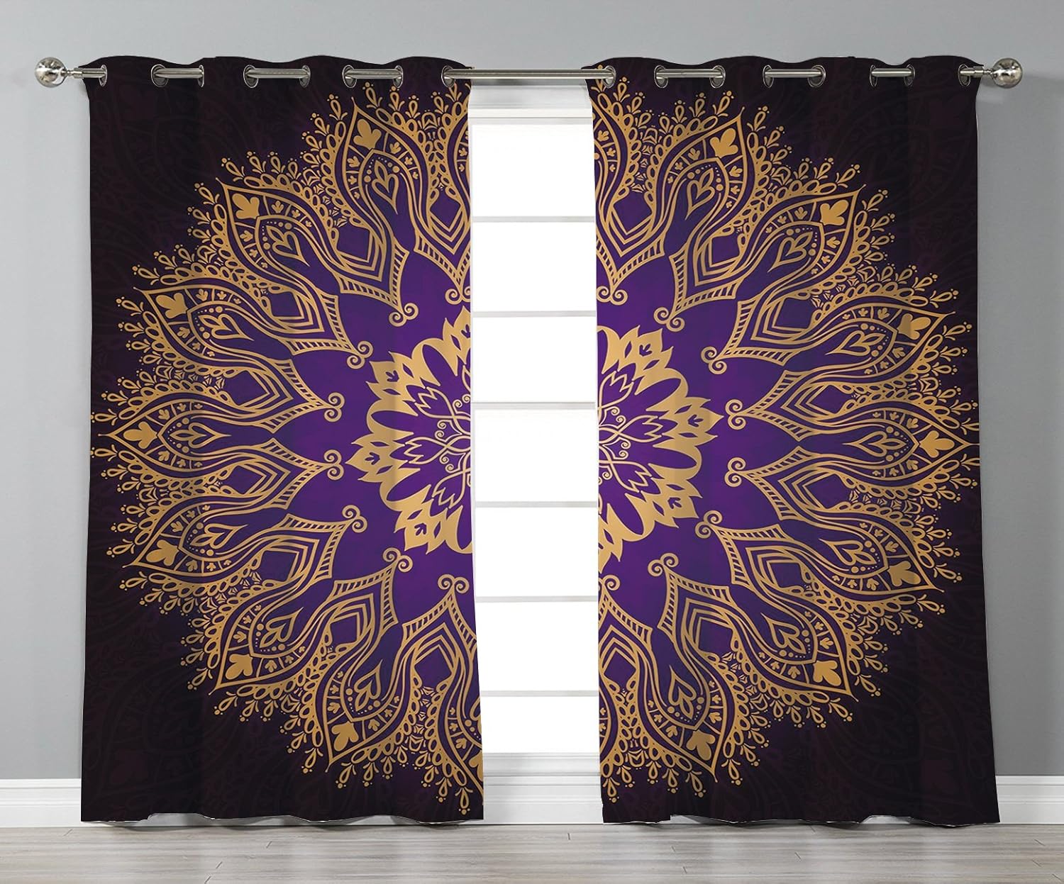 Thermal Insulated Blackout Grommet Window Curtains Gold Mandala