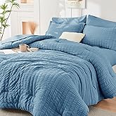 HYMOKEGE Mineral Blue Full Size Comforter Sets Seersucker 7 Pieces, All Season Luxury Bed in a Bag for Bedroom, Bedding Set with Comforter, Sheets, Pillowcases & Shams