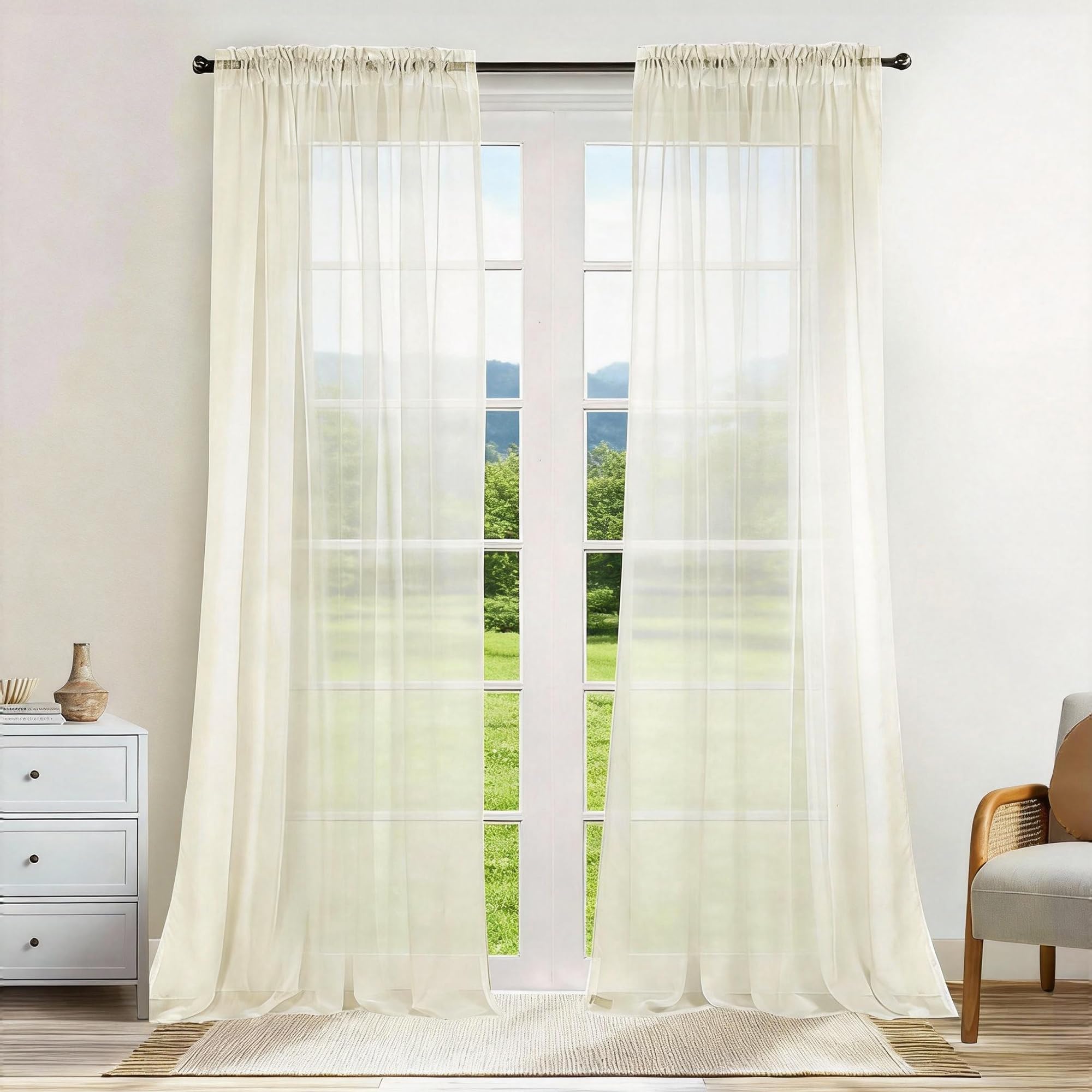 Photo 1 of Dreaming Casa Solid Sheer Curtains 84 Inches Long Ivory Rod Pocket Voile Draperies for Bedroom Living Room, 2 Panels, Each 52" W x 84" L
