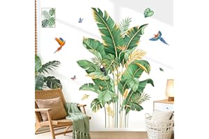 decalmile Tropical Palm Leaves Wall Stickers Large Gold Green Leaves Plant Birds Wall Decals for Living Room Sofa TV Backgrou