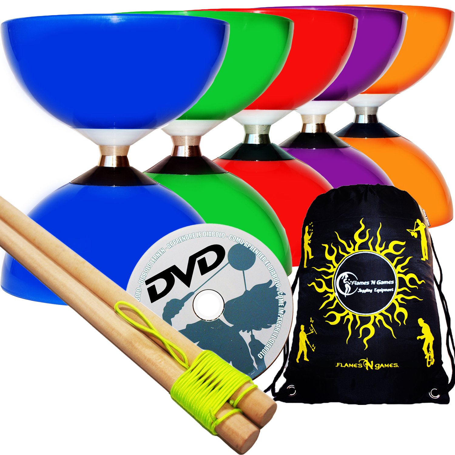 CAROUSEL Diabolo Ball Bearing + Wooden Diabolo Handsticks, Diablo String + Diabolos Travel Bag. (Purple Diabolo + Wooden Sticks + DVD)