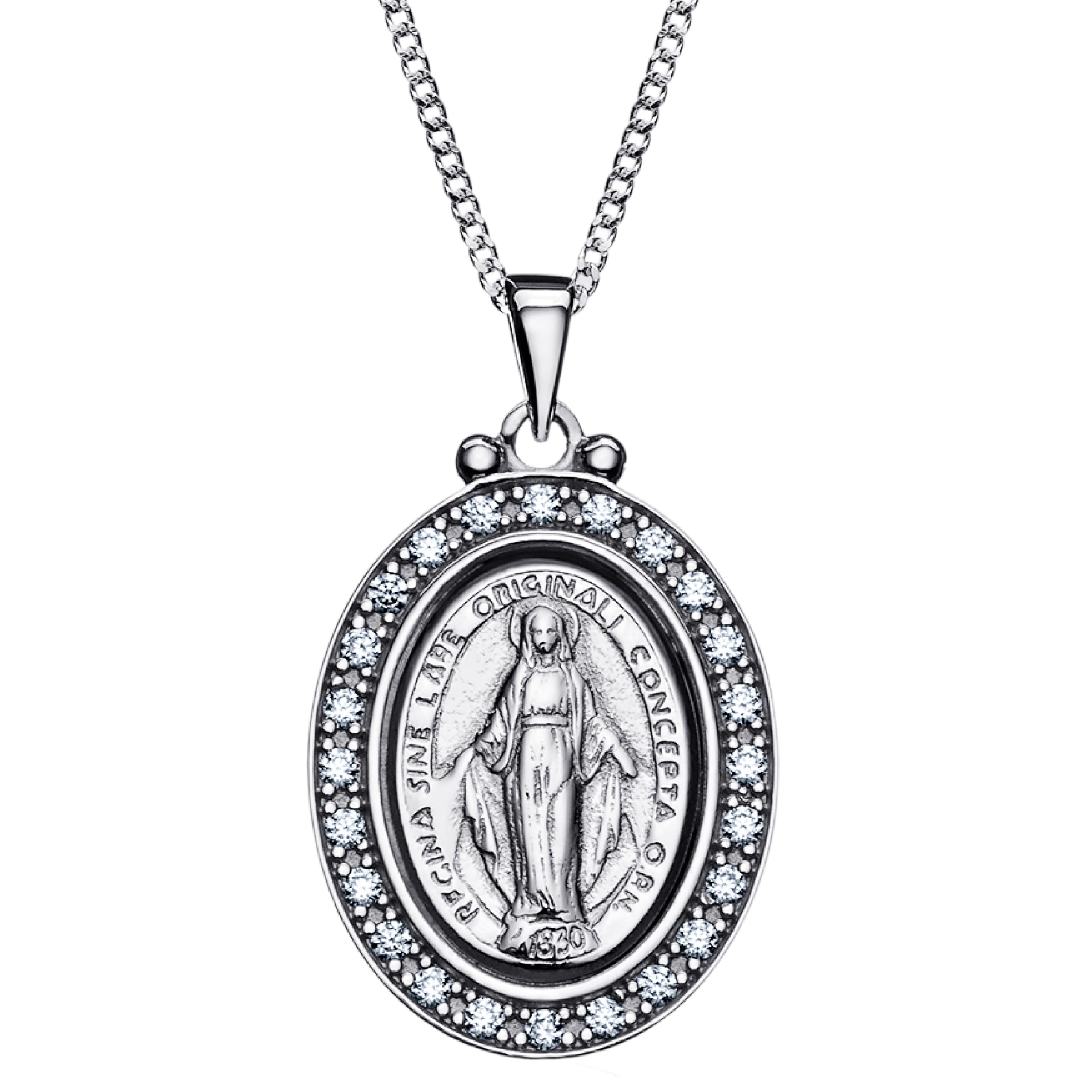 Aeon Real Sterling Silver Miraculous Medal Pendant Necklace with Cubic Zironcia and Adjustable Chain