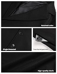 Tanming Mens Black Trench Coat Notched Lapel Single