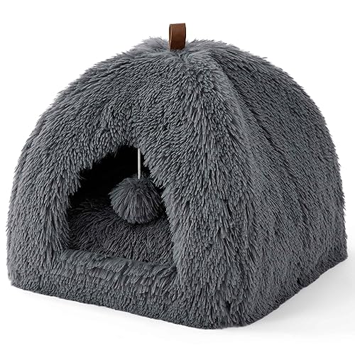 Bedsure Cat Cave Bed Igloo - Fluffy Cat Bed House with Removable Washable Cushion Pillow Foldable Portable Pet Bed, 40x40x40cm，Dark Grey