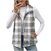 Fashion Plaid Vests for Women:Casual Zip up Lightweight Collared Sleeveless Jackets with Pockets Fall Winter Outfits
