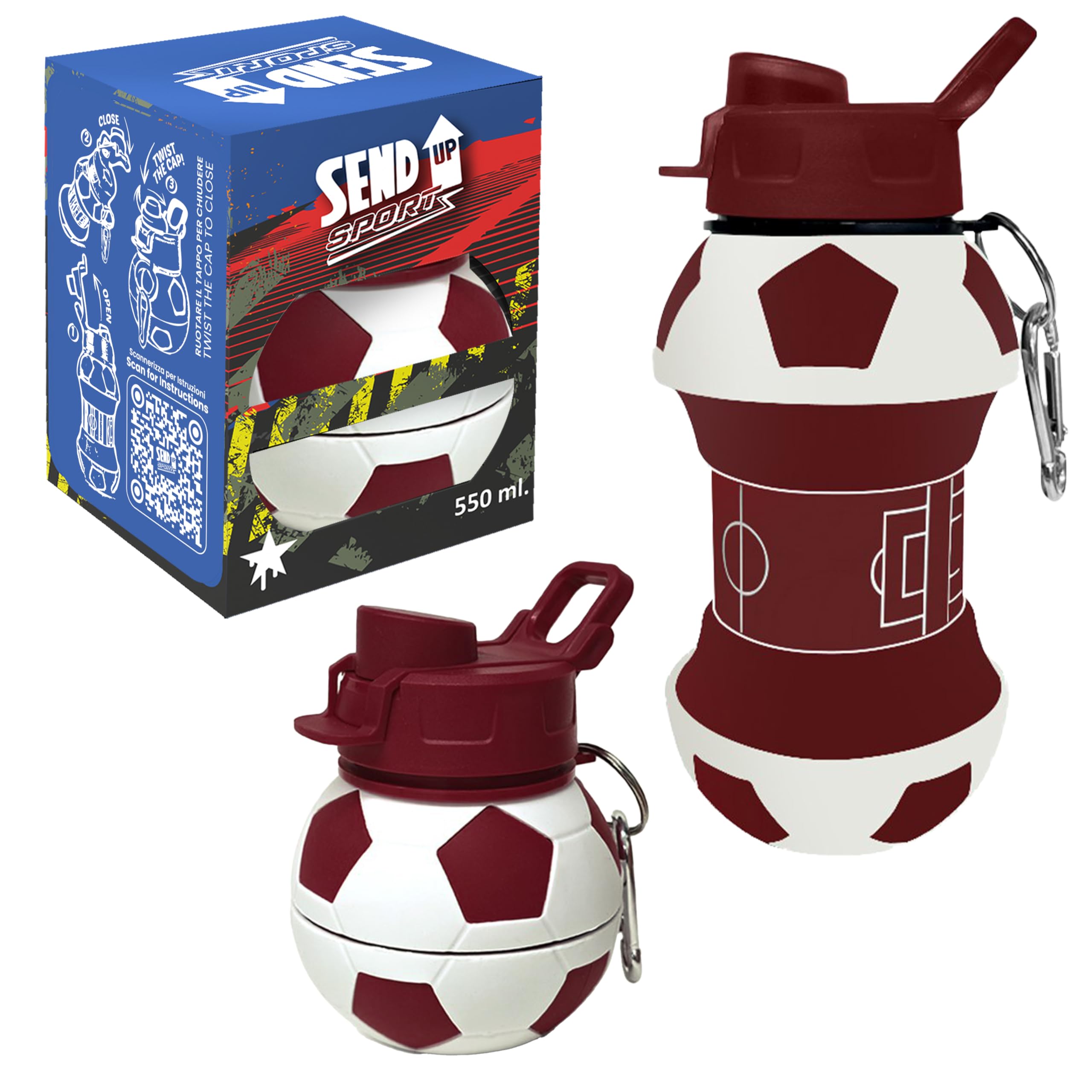 SEND UP Heart Team Silicone Football Bottle for Boys Children and Adults - Sports Gift BPA-Free, Straw, Leakproof, Durable and Eco-Friendly, 550 ml (Garnet)