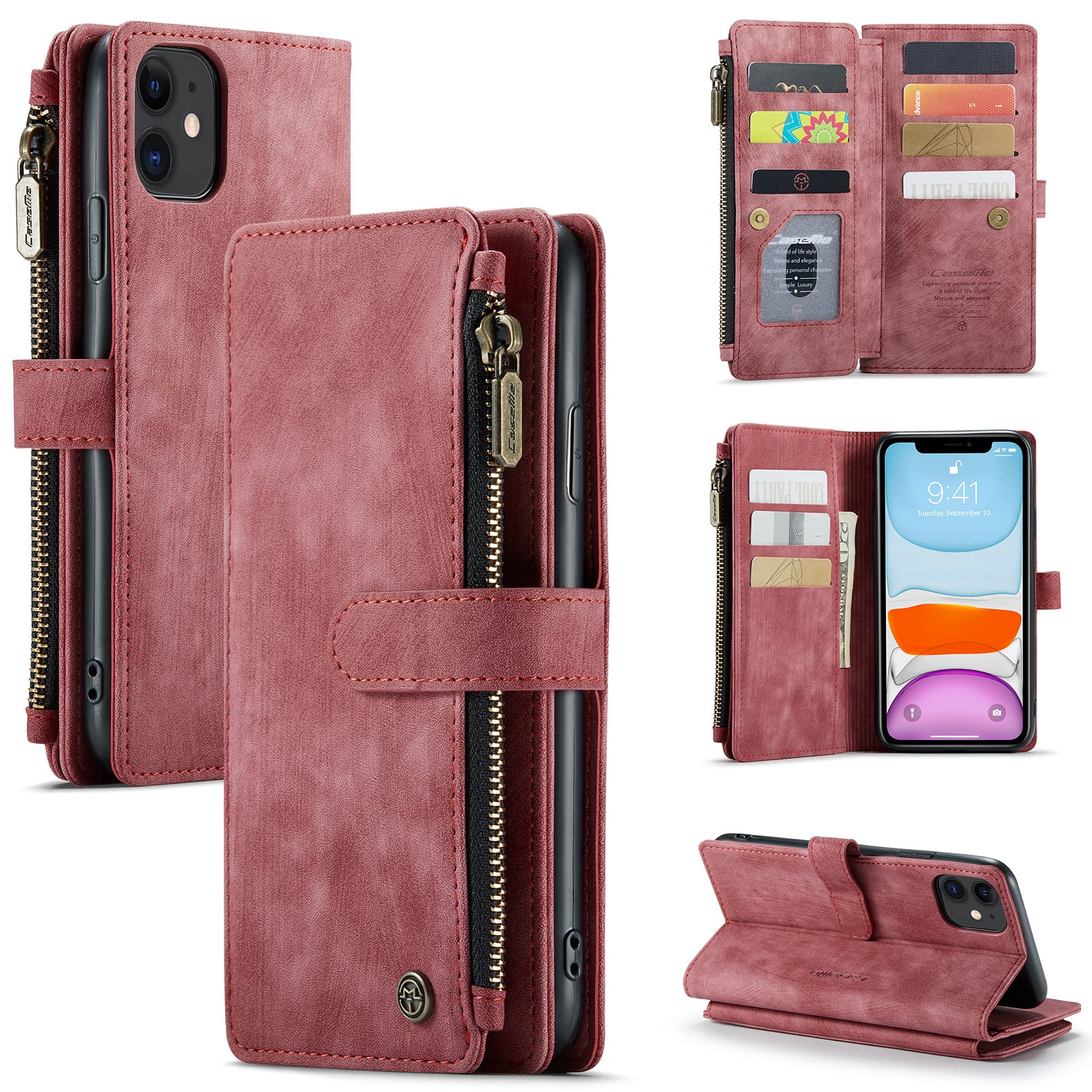UFinetech Case for iPhone 11, Shockproof Card Holder Wallet Cover iPhone 11 (6.1”), Anti-scratch Flip Folio Magnetic Closure Built-in Kickstand Leather Soft TPU Slim Personalised Camera Protector, Red