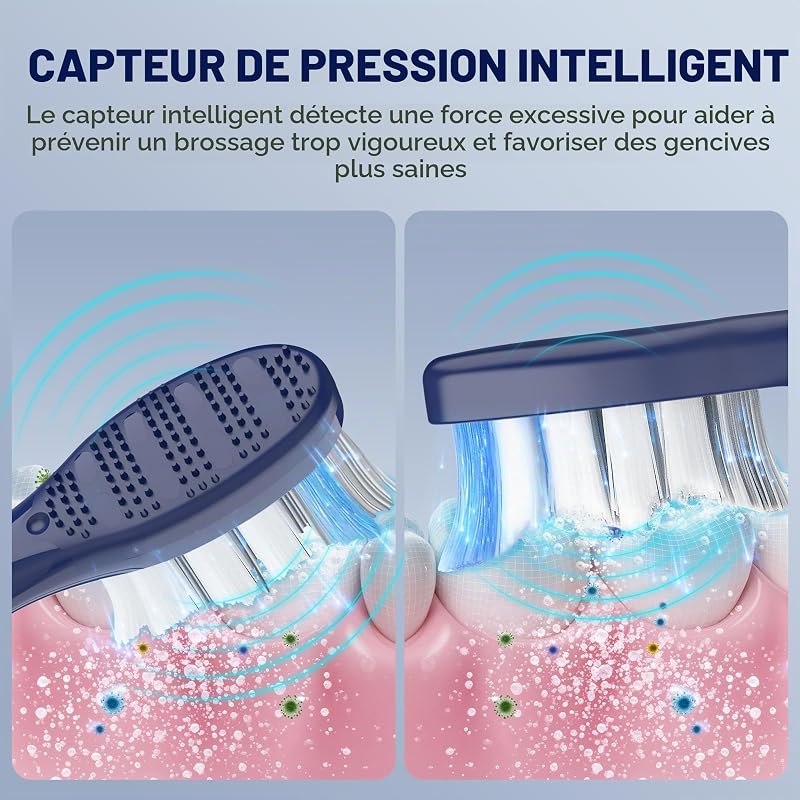 Brosse à dents sonique pour adultes, brosse à dents électrique rechargeable avec 5 modes de nettoyage, 3 niveaux d'intensité, capteur de pression intelligent (Bleu Marine)