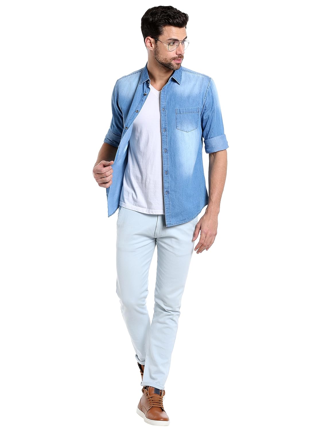 dennis lingo men's denim light blue solid casual shirt