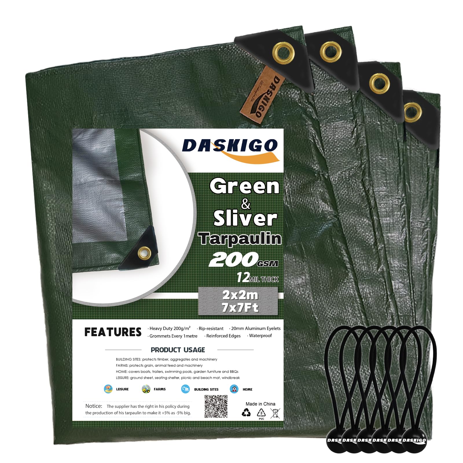 DASKIGO 2 x 2 M Heavy Duty 200GSM Green&Silver Tarpaulin Waterproof Sheet & 6 Pcs Bungee Balls