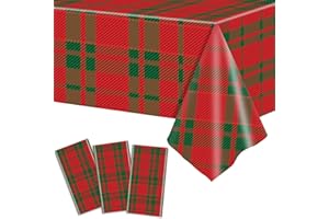 OBUSATT 3 Pieces Christmas Tablecloth Buffalo Checkered Plaid Party Tablecover Red and Green Plastic Table Cloths Rectangle Xmas Theme Party Decoration for Christmas Winter Holiday Party 108 x 54 Inch