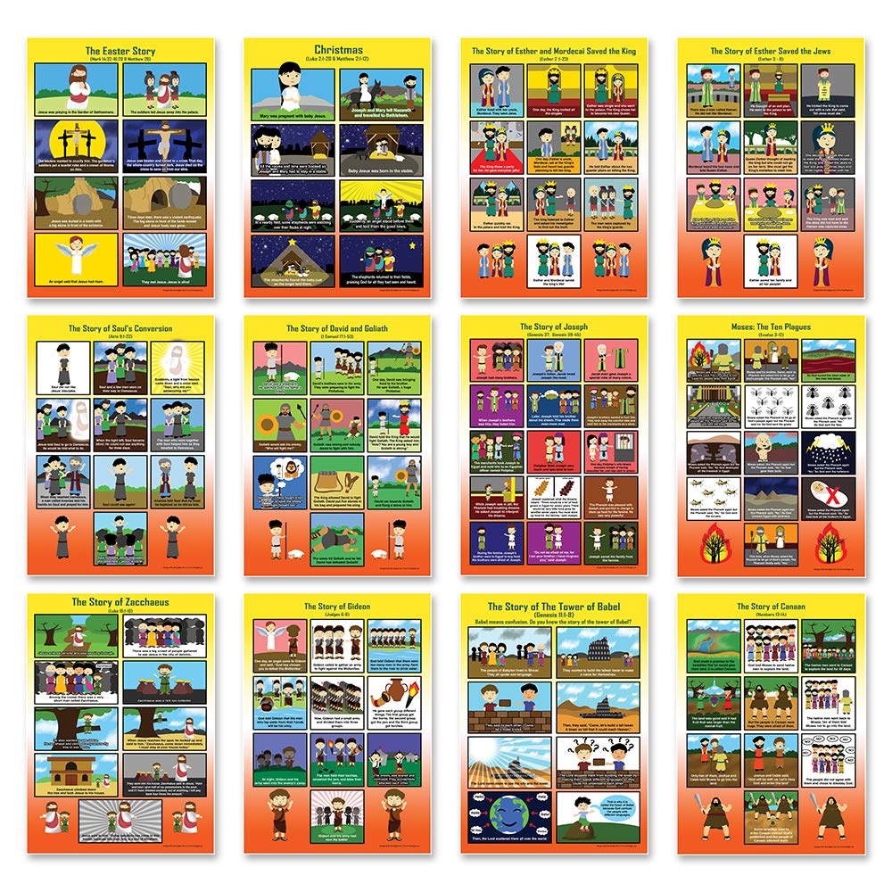 NewEights Bible Story Series 2 Educational Learning Posters (12-Pack) - Inspirational Bible Stories Poster for Men Women Teens - A3 Size - Youth Ministry Sunday School Church Decor Home Decor