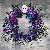 GarveeLife Halloween Skull Wreath for Front Door with Lights, 20 in Pre-Lit Black Purple Rose Spider, Gothic Garland Creepy Decor for Home Wall Porch Outdoor Indoor