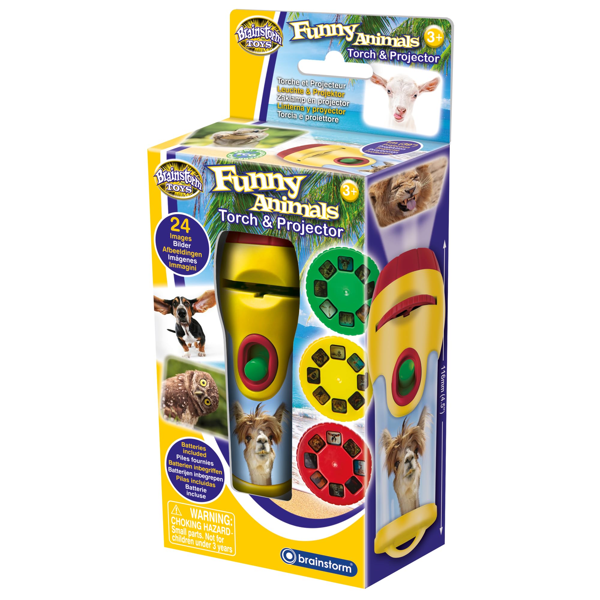 Brainstorm Toys Stem Funny Animals Torch and Projector – 24 Adorable Animal Images, Projects Clear Pictures up to 1 Metre Wide, Interactive Educational Kids Flashlight Toy