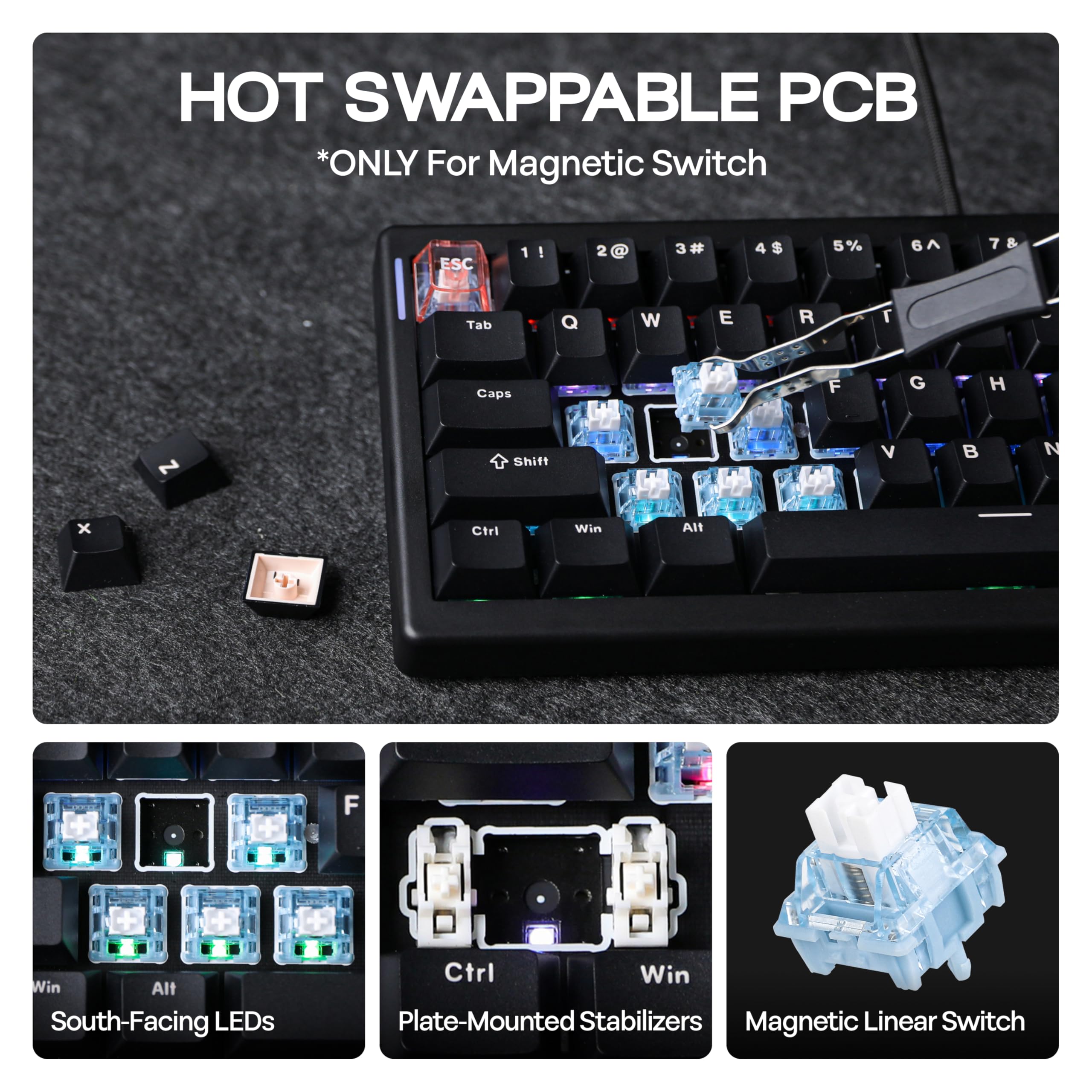 CIDOO C60 HE Wired Rapid Fast Gaming Keyboard with Silent Magnetic Switch, Hall Effect Keyboard with 8K Polling Rate, 0.125ms Latency, 63-Key Compact Layout, Hot-Swappable (Black)