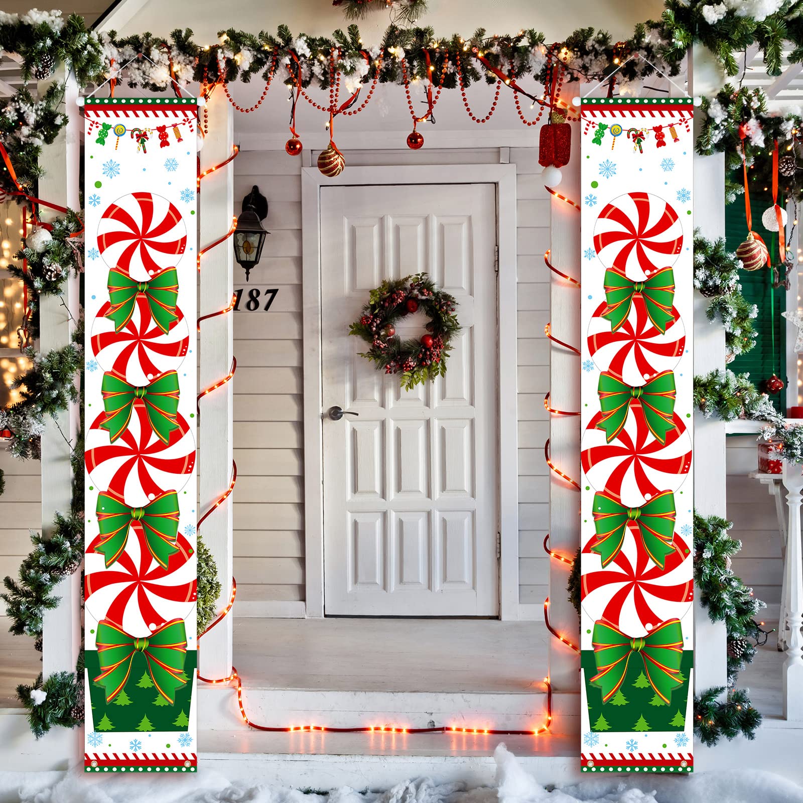 Irenare Christmas Porch Sign Banner Candy Xmas Hanging Decorations Christmas Hanging Banners Sign New Year Holiday Outdoor Indoor Xmas Decorations for Home Wall Candyland Themed Party, Red White Green
