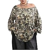 WDIRARA Women's Plus Size Camo Off The Shoulder Tops Long Sleeve T Shirts Loose Tees