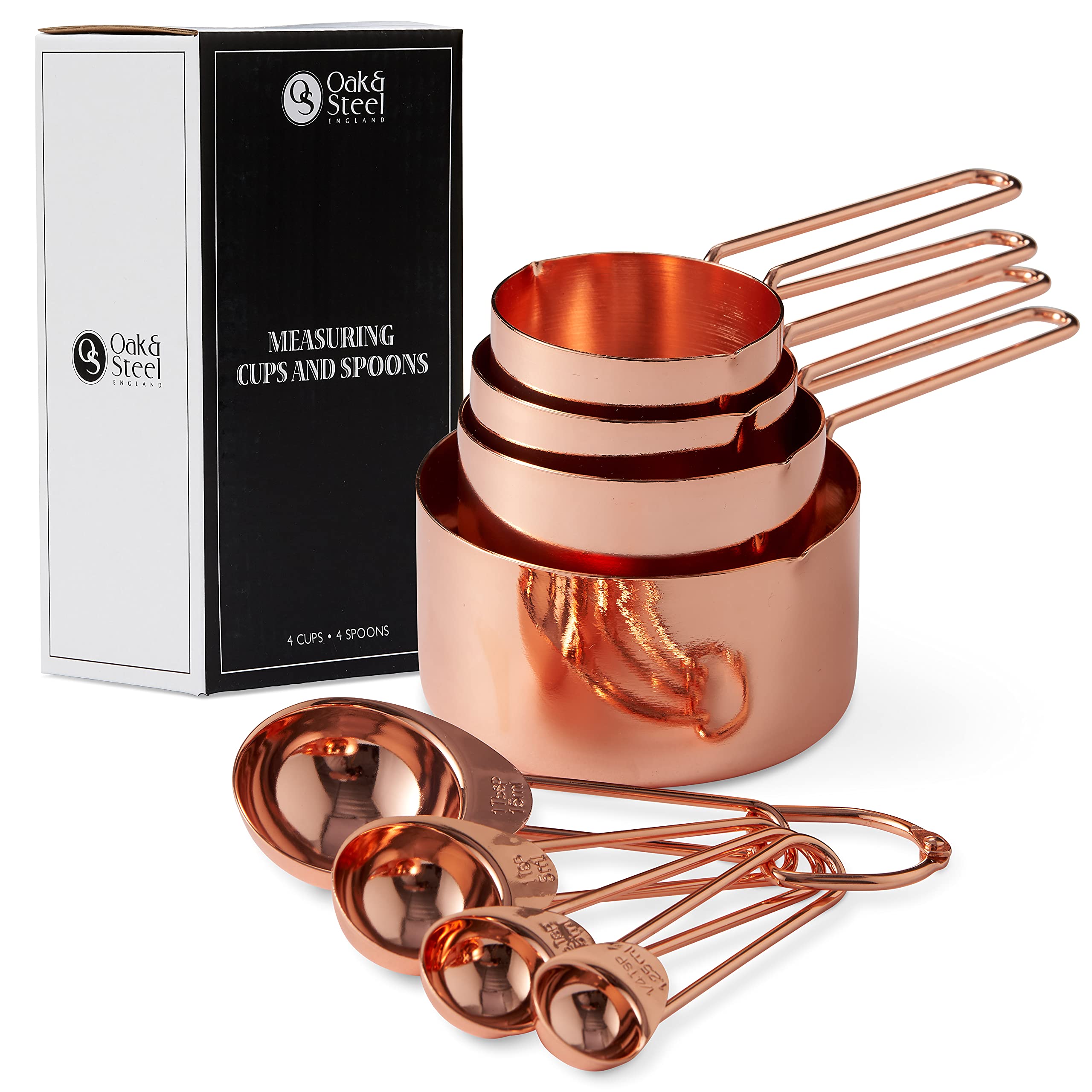 Oak & Steel - Copper Stainless Steel Engraved Measurement -Measuring Cups and Spoons for Dry and Liquid Ingredients, Non-Stick - Baking Cooking Gift Set