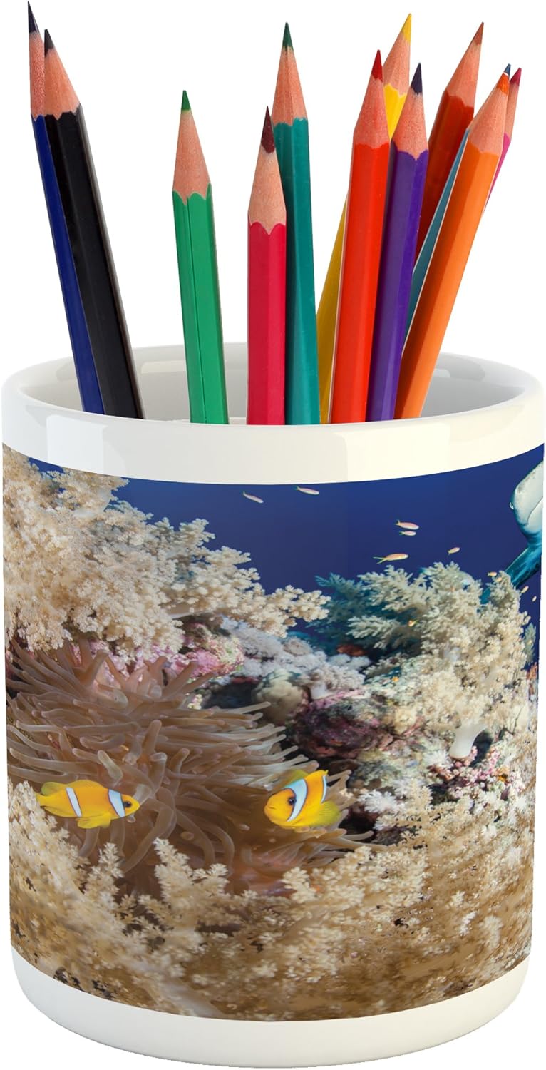 Ambesonne Shark Pencil Pen Holder, Reef with Little Clown