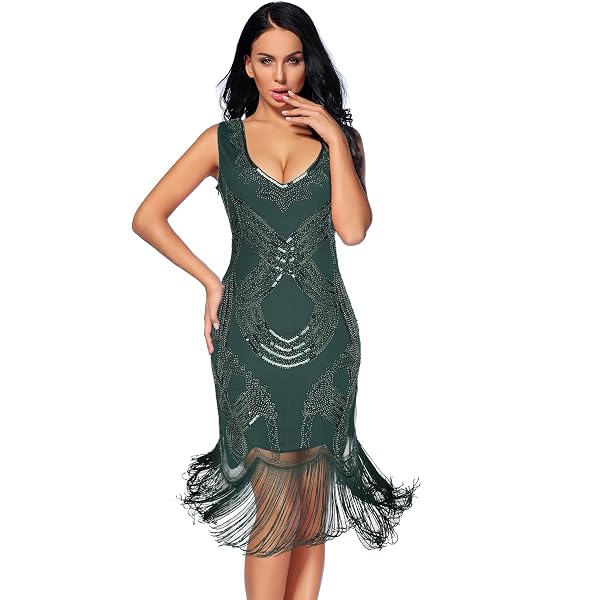 Women's 1920s Flapper Fringe Gatsby Dress - Sequin Maxi Evening Gown In Apricot & Gold, 2XL - View #6