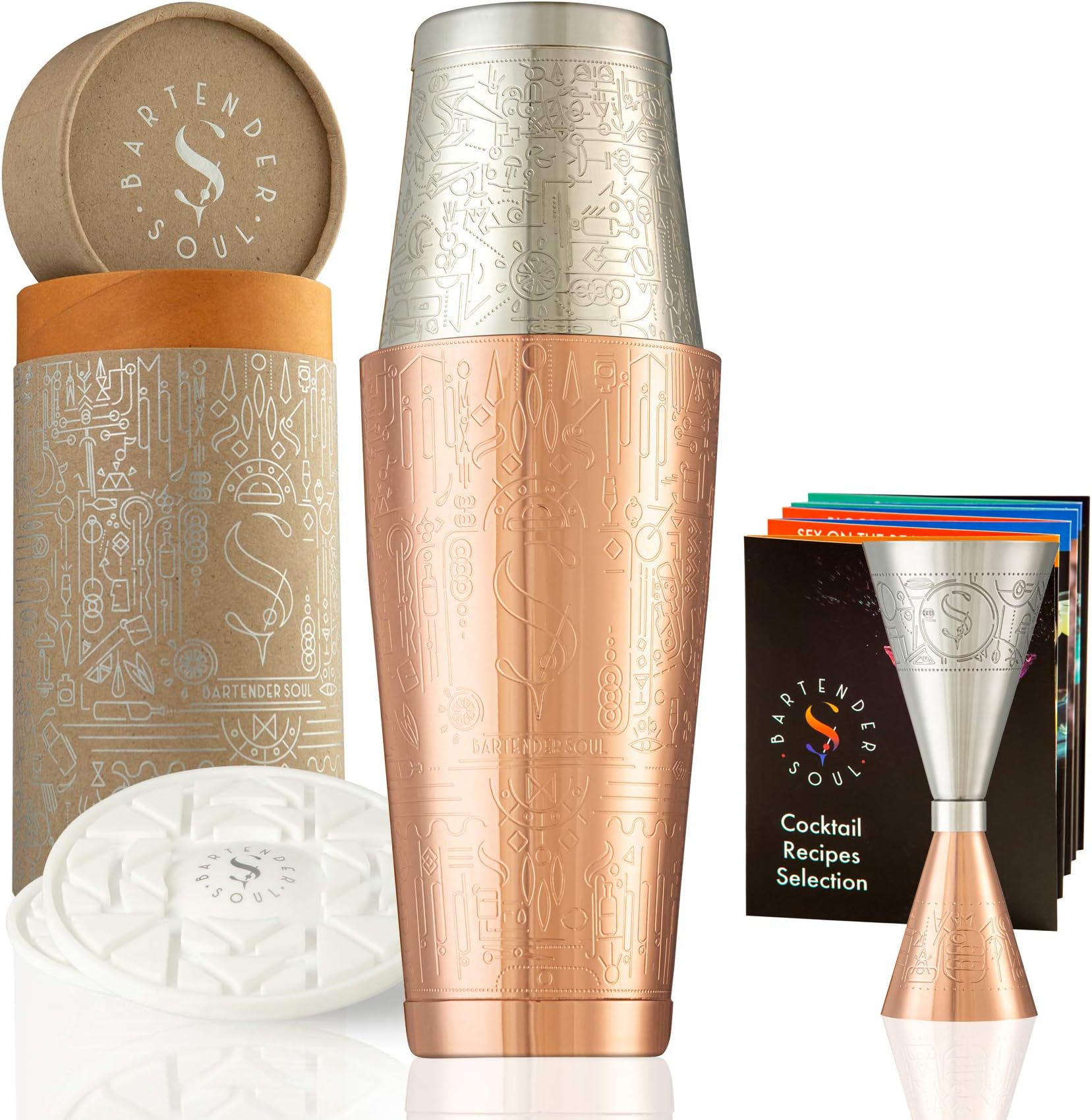 Exclusive Boston Cocktail Shaker - Décoco Copper Basic, Stainless Steel - Professional Set with Jigger, 2 Coasters, Recipes Guide