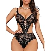 Donnalla Women's Sexy Lingerie Lace Teddy Deep V Bodysuit Push Up Lingerie One Piece Cutout Outfit