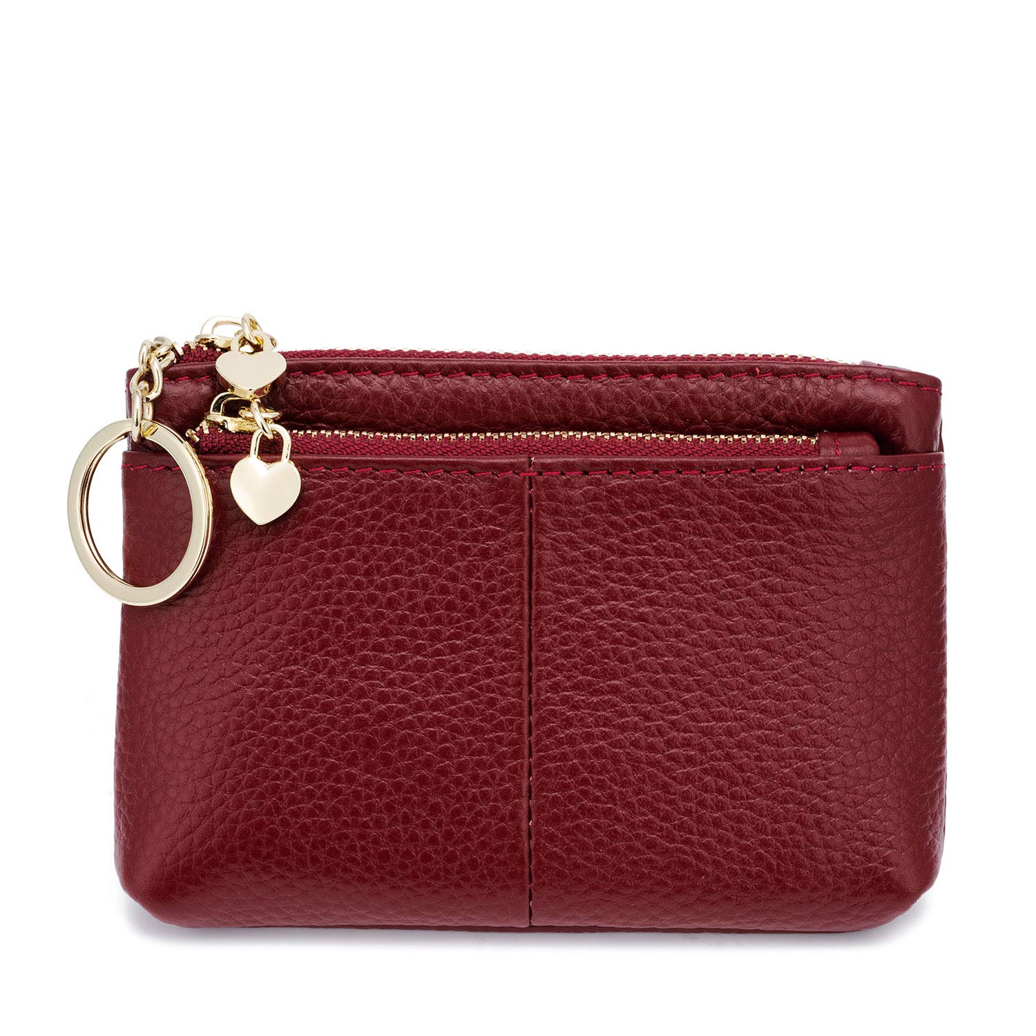 ZOOEASS Women Genuine Leather Zip Mini Coin Purse with Key Ring Triple Zipper Card Holder Wallet, Wine Red, Standard, Minimalist